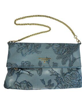 Cuoieria Fiorentina Embossed Blue Floral Leather Crossbody Bag Gold Chain Strap